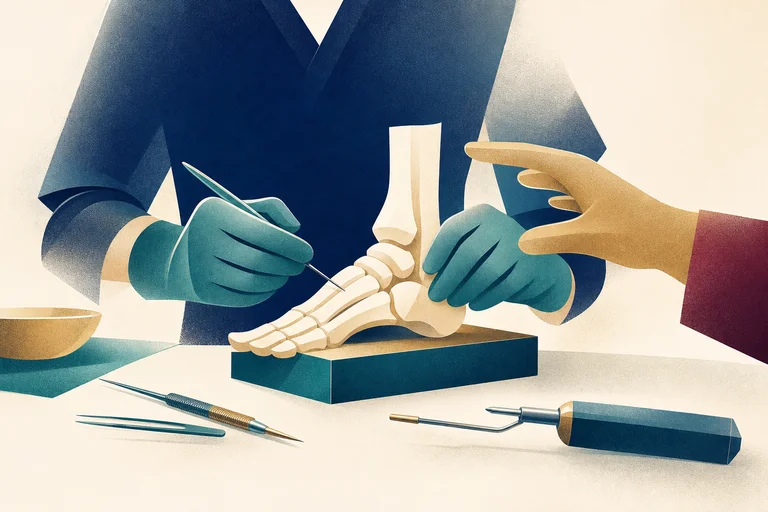Physician practicing minimally invasive foot surgery technique on an anatomical model with mentor guidance