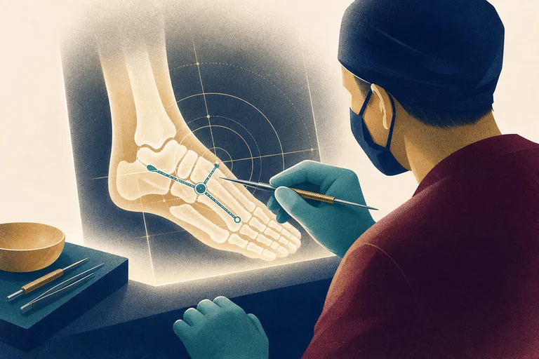 Expert physician planning precise minimally invasive foot surgery using a geometric foot projection