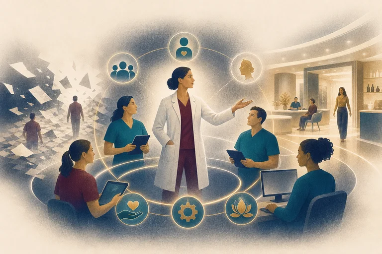 Physician leader coordinating a clinical team and connected practice systems