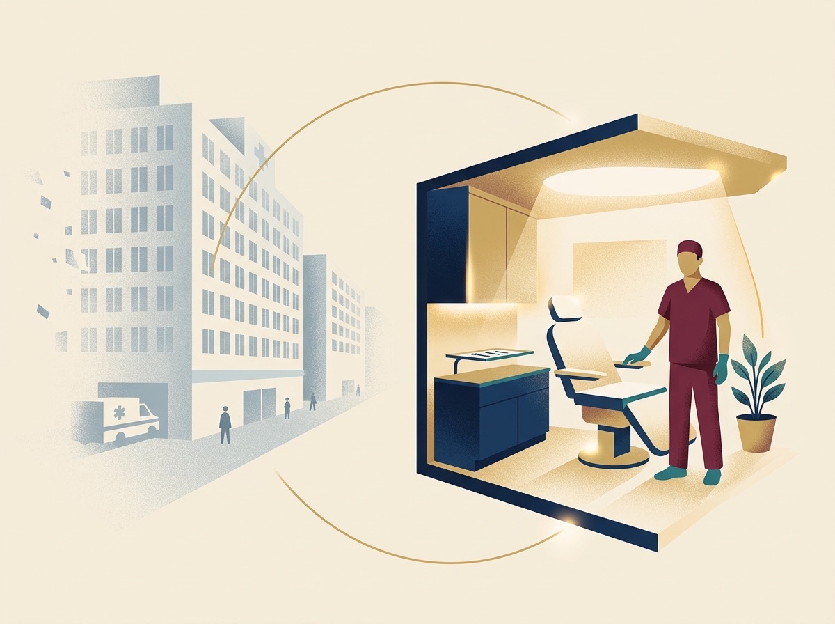 Illustration contrasting a hospital with an independent office-based surgical suite