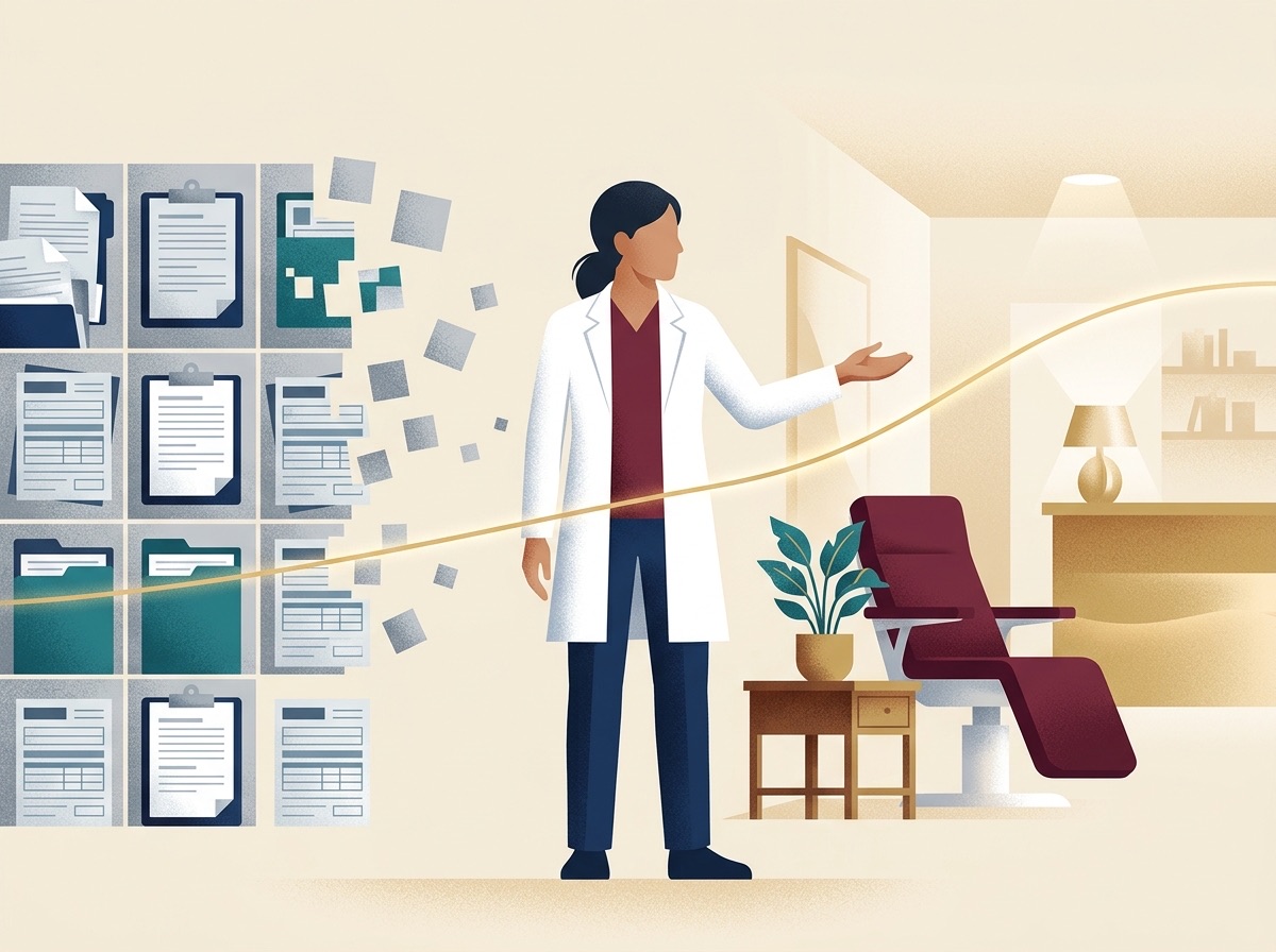 Illustration of a physician moving from insurance paperwork toward an independent medical practice