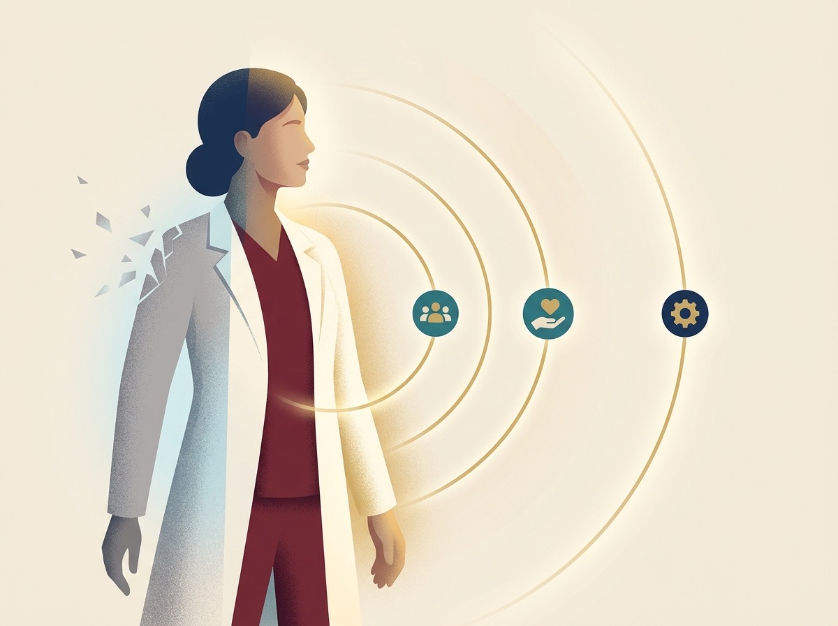 Illustration of a physician embracing leadership, patient care, and practice systems