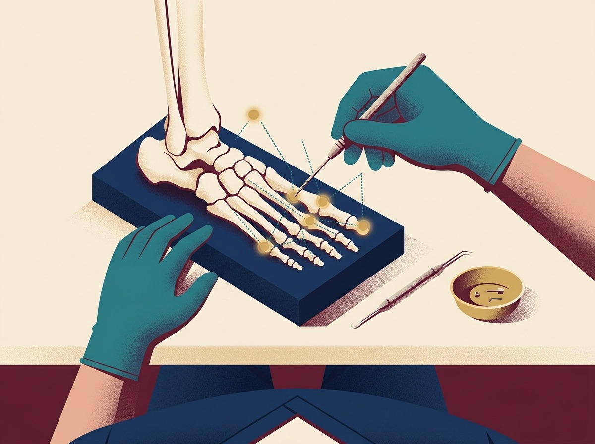 Illustration of a surgeon practicing minimally invasive foot surgery techniques on an anatomical model