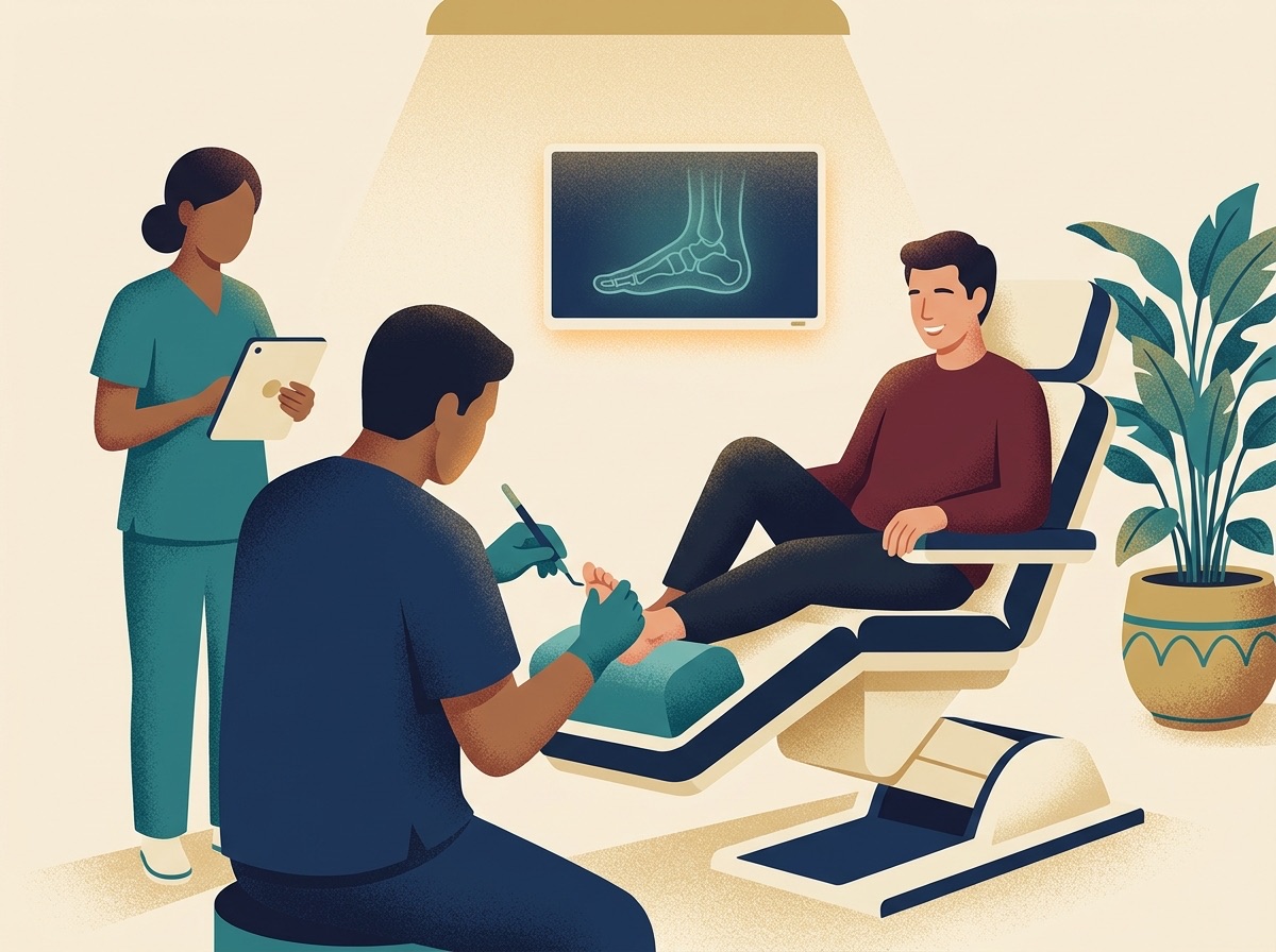 Illustration of a doctor and clinical assistant performing foot surgery in a comfortable office setting